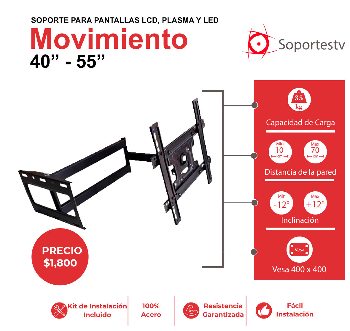 soporte de brazo extra largo de 70cm con giros de 90 grados