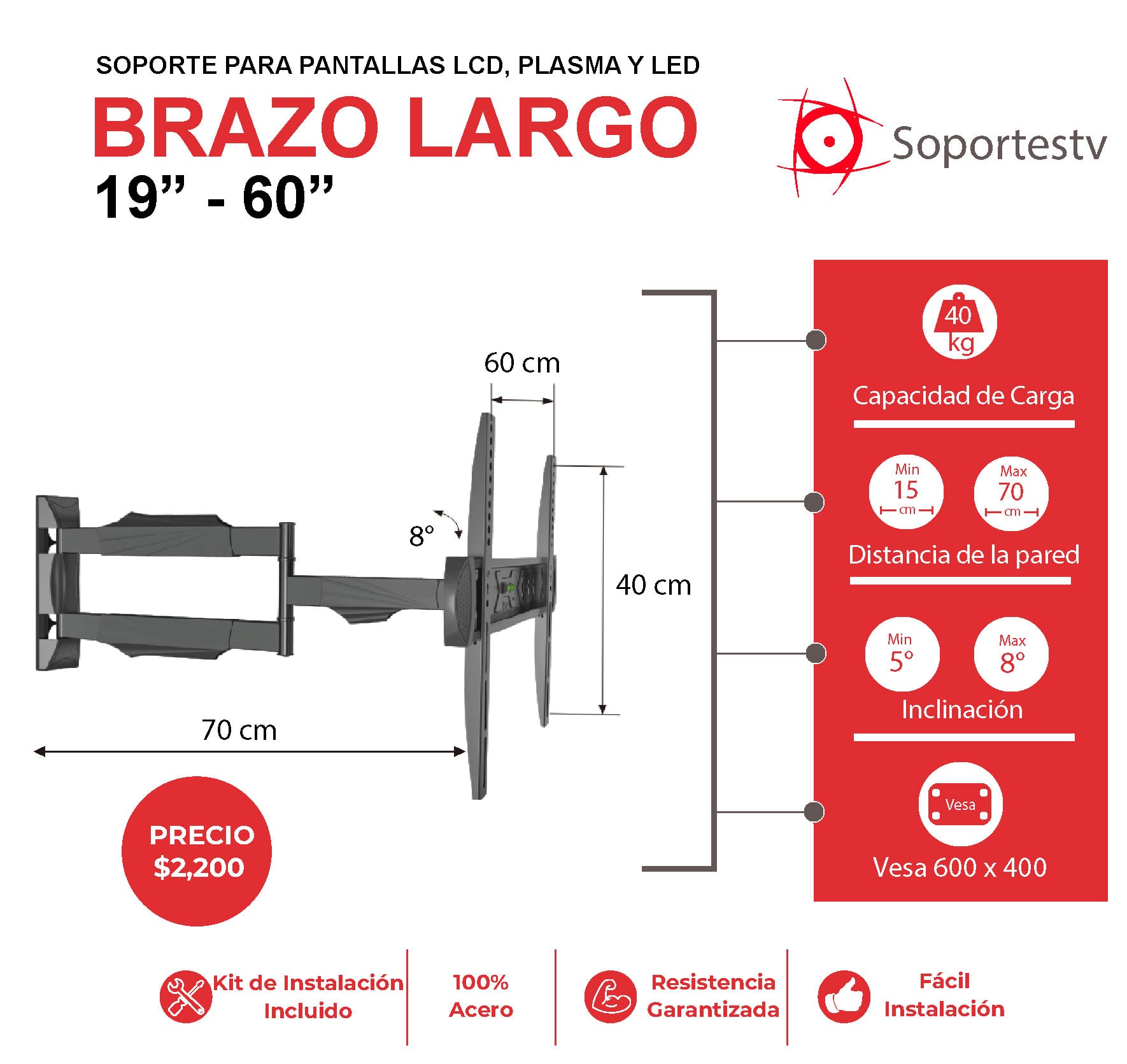 soporte de brazo extra largo de 70cm con giros de 90 grados