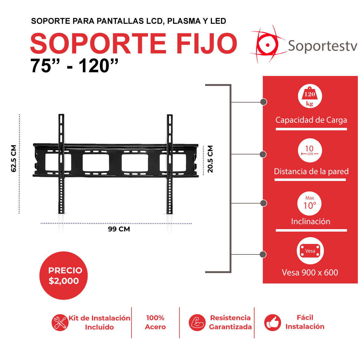 soporte fijo grande para pantallas tv led, lcd y plasma para 75 a 120 pulgadas