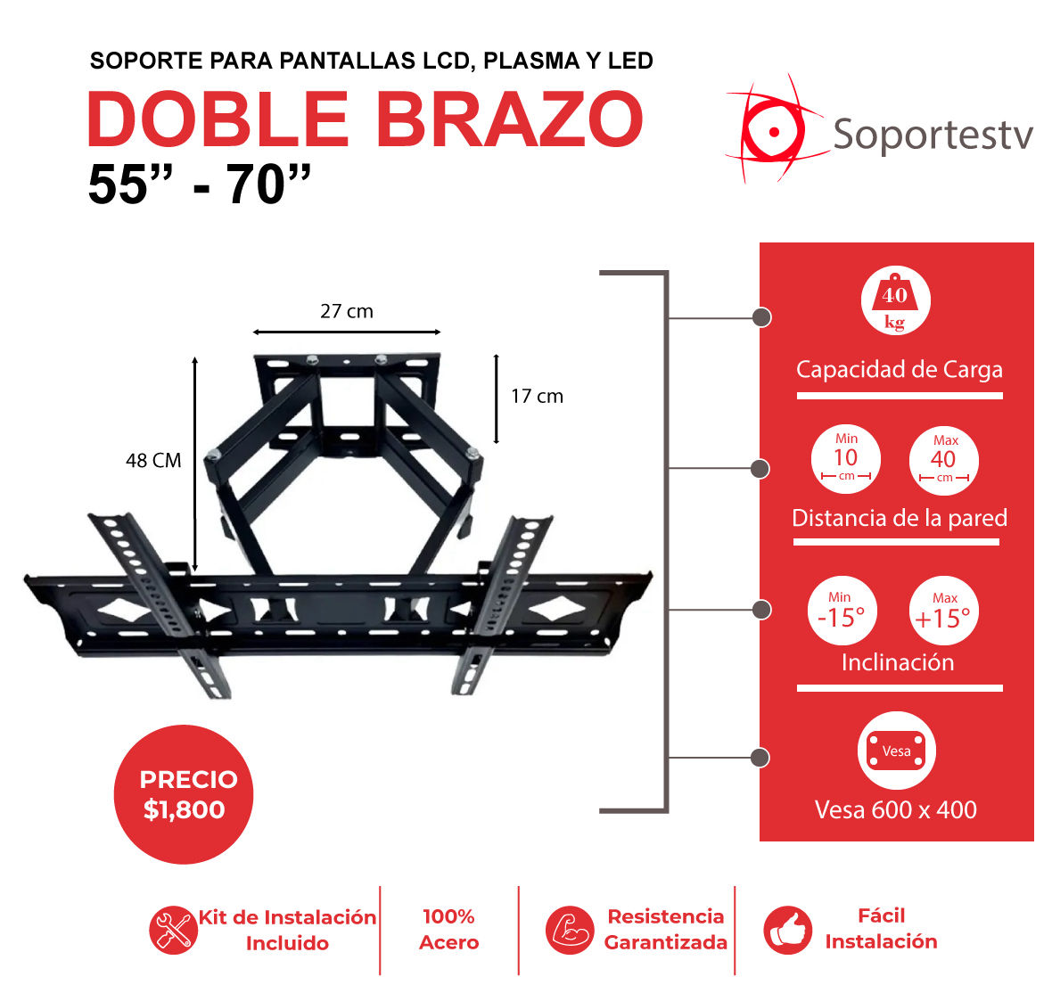 soporte de movimiento para pantallas de 55 a 70 pulgadas